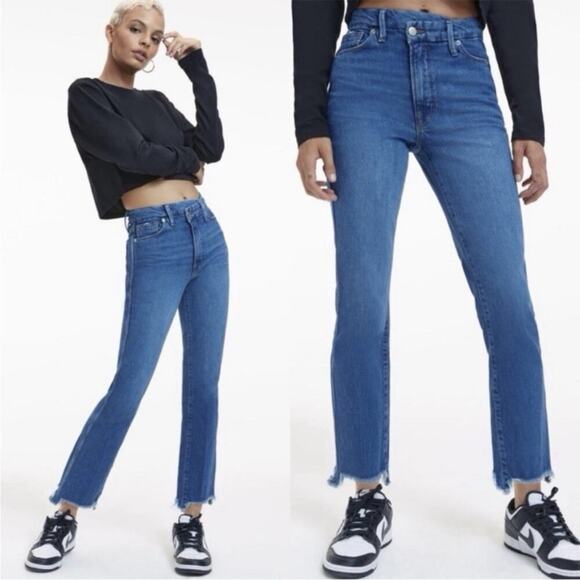 Good American Good Curve Raw Hem Straight Crossover Jeans Size 12 31 Asymmetric - Picture 1 of 11